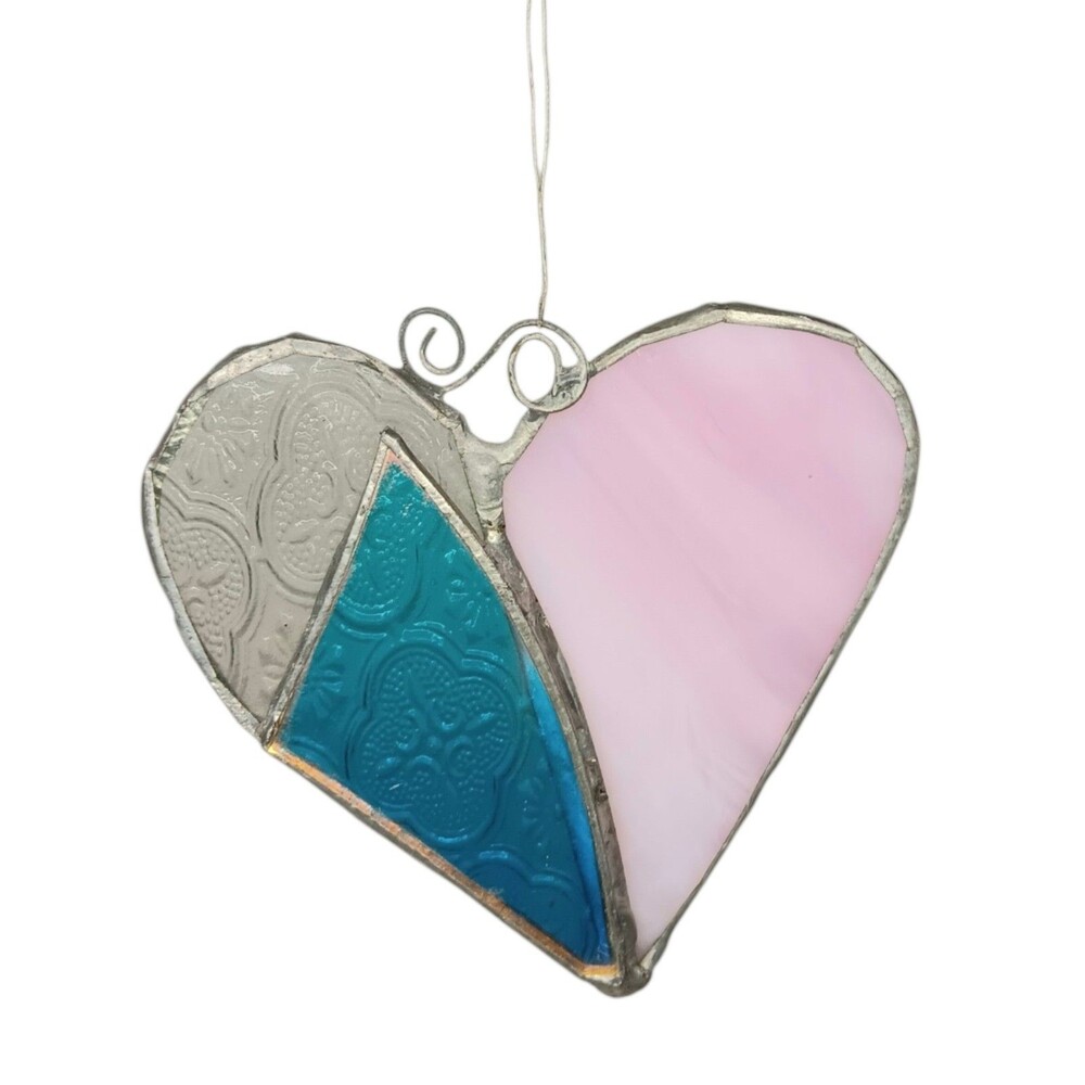 Heart Stained & Textured Glass Suncatcher Pink Blue Mirrored 4 5" x 4.5" Vintage